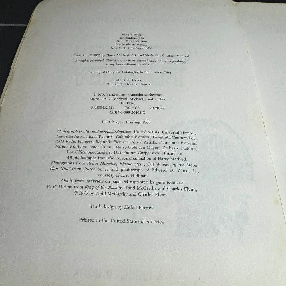 The Golden Turkey Awards Harry Michael Medved 1980 First Perigee Printing Humor